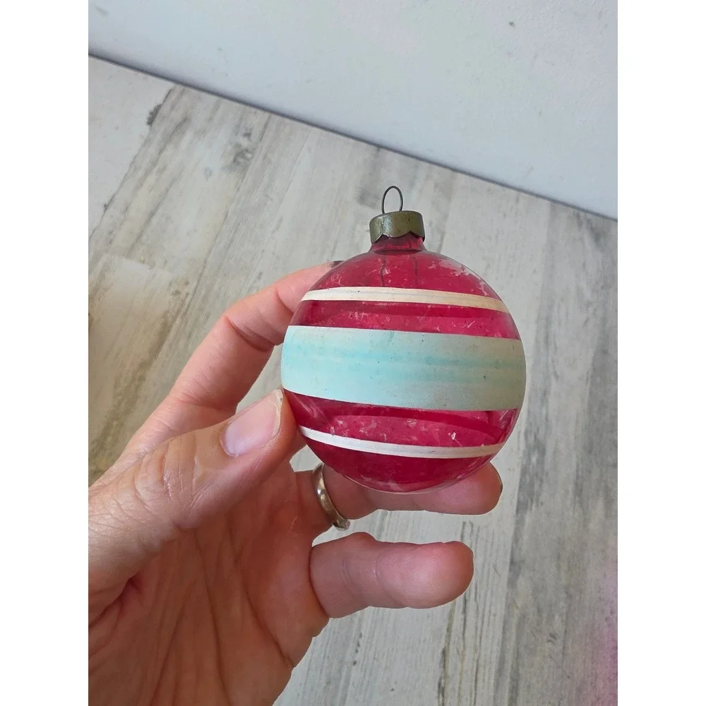 Vintage made in US of A unsilvered striped red glass ornament Xmas tree